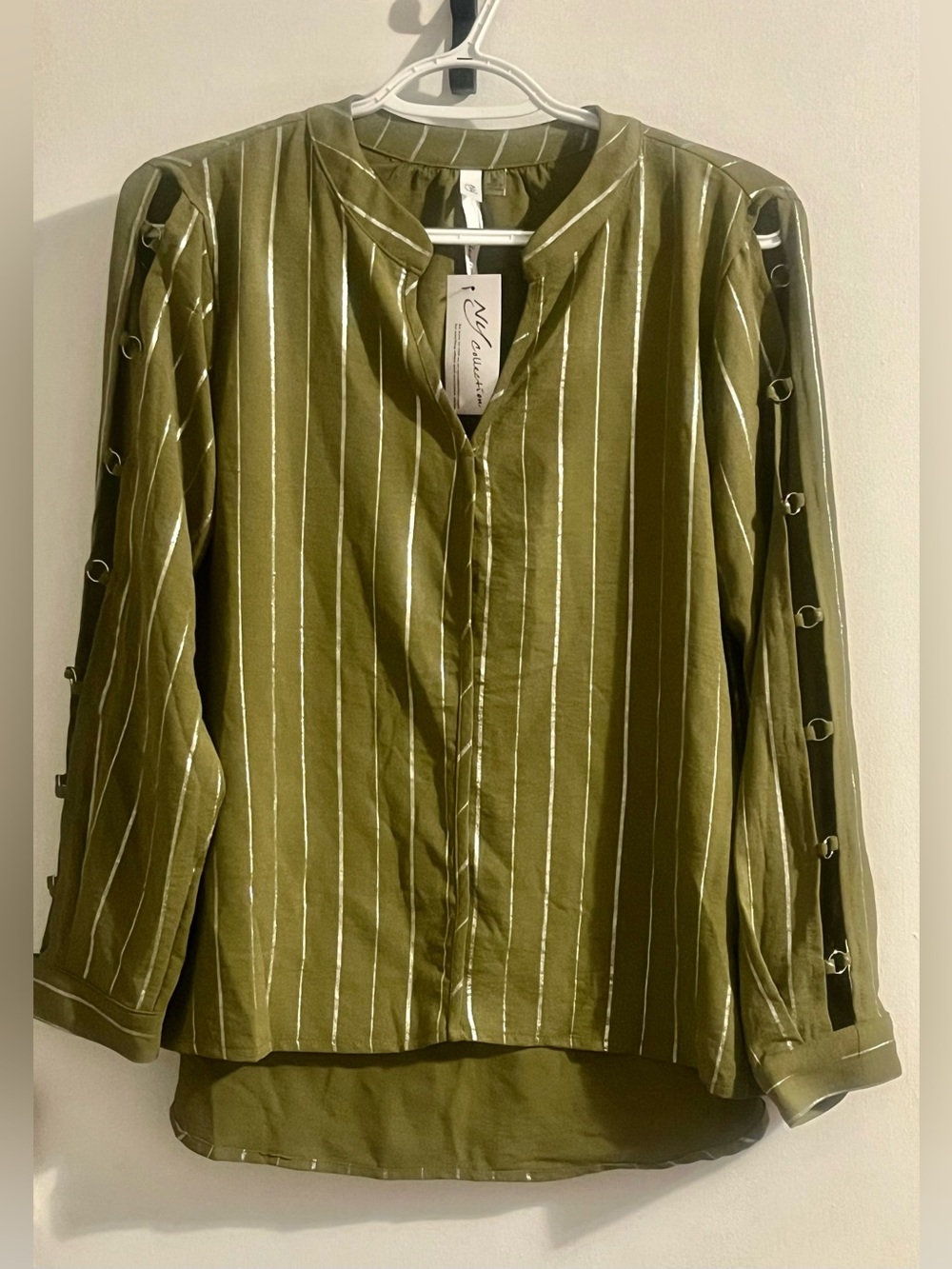 NWT NY Collection Women's Green Striped Long Sleeve Blouse ~ Size Medium